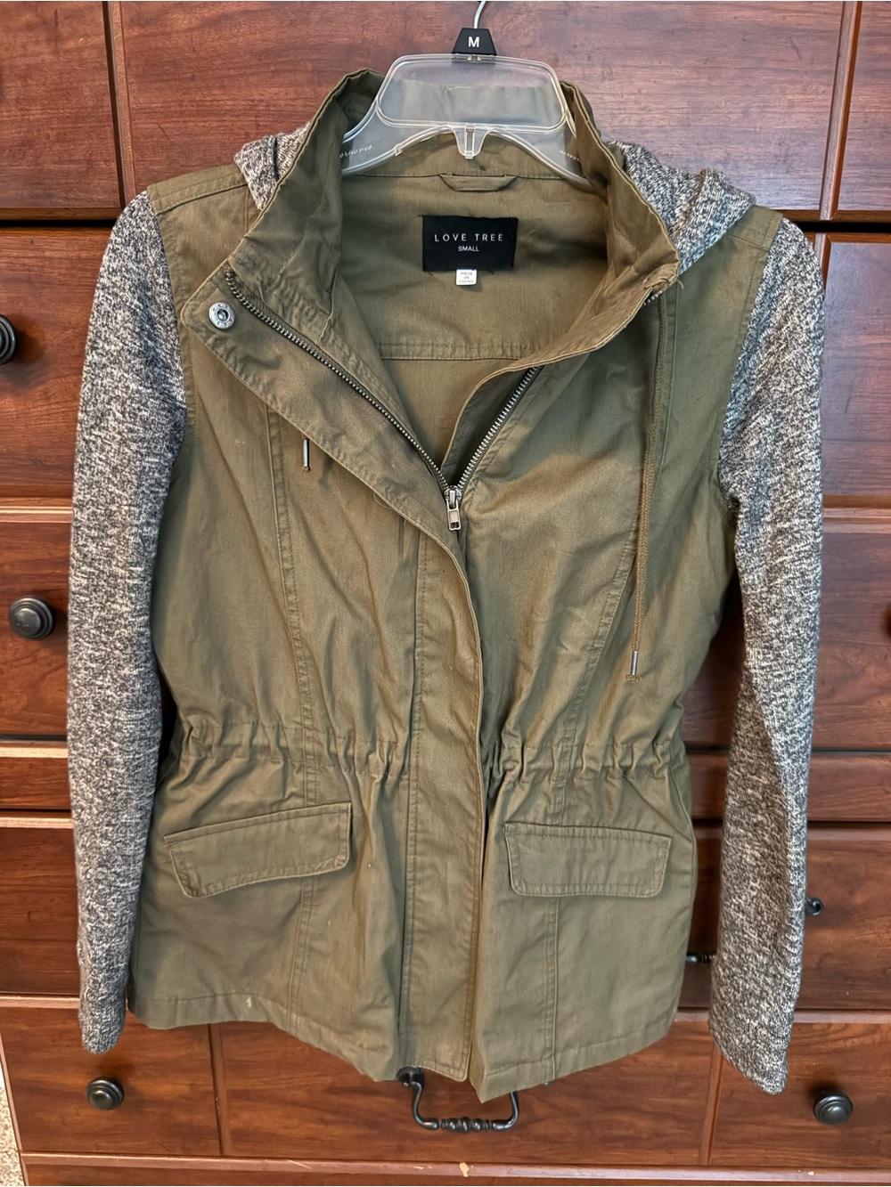 Love Tree Olive Utility Jacket with Gray Knit Sleeves